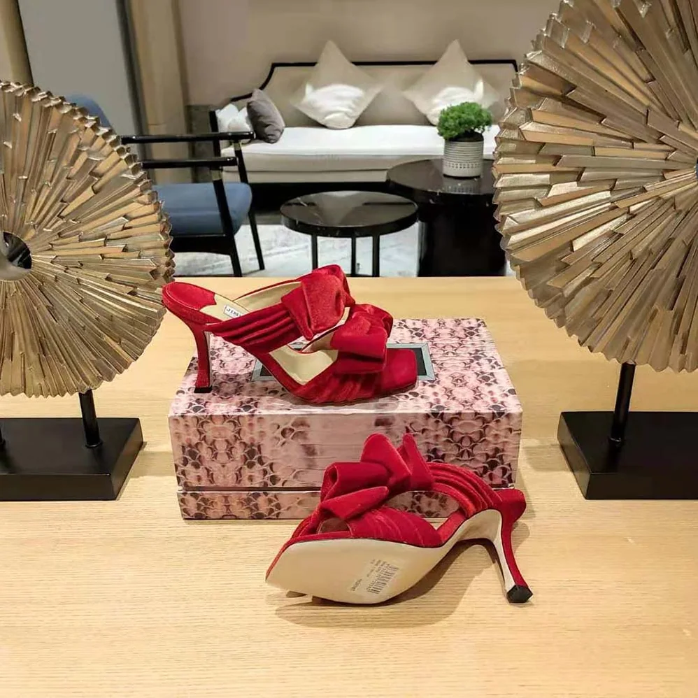 Jimmy Choo Flaca Sandal 100 Red Velvet Sandal with Bow for Women Jimmy Choo Flaca Sandal 100 Red Velvet Sandal with Bow for Women