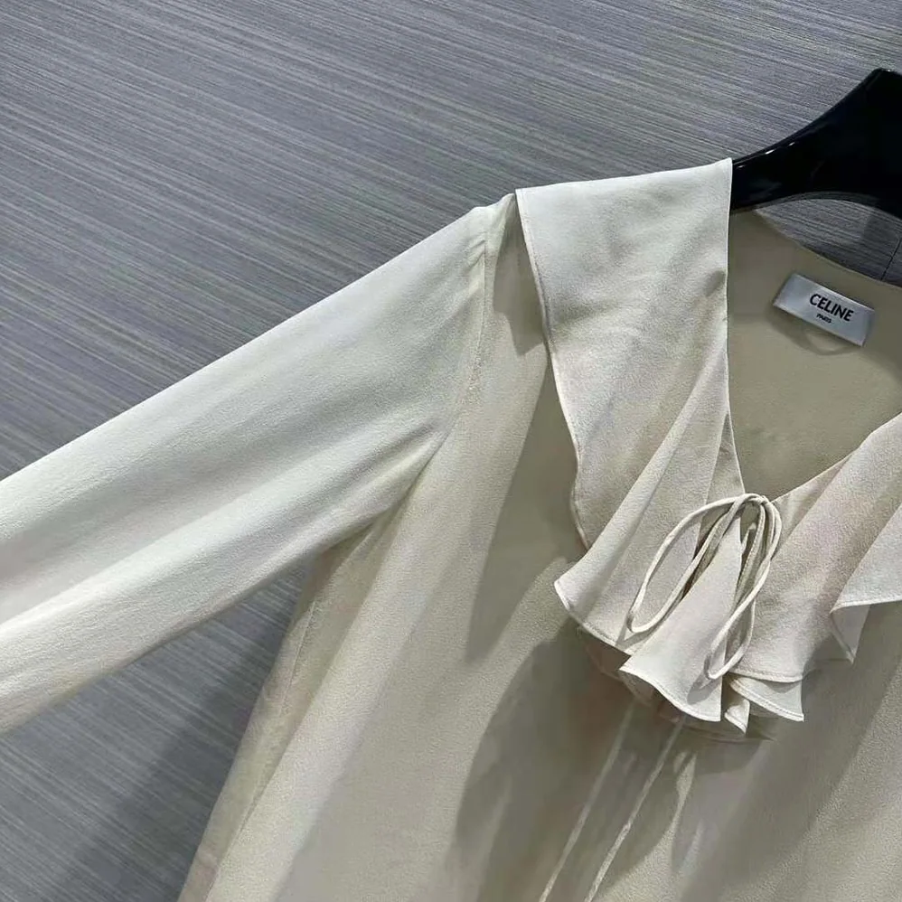 Celine Jabot Dress in Lightweight Silk Sablé for Women in Beige Celine Jabot Dress in Lightweight Silk Sablé for Women in Beige