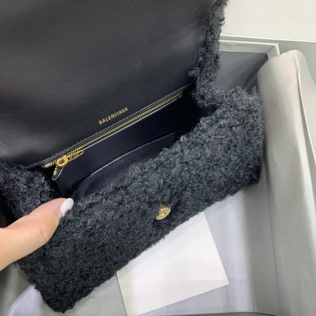 Balenciaga Furry Hourglass Small Handbag With Strap In Black /