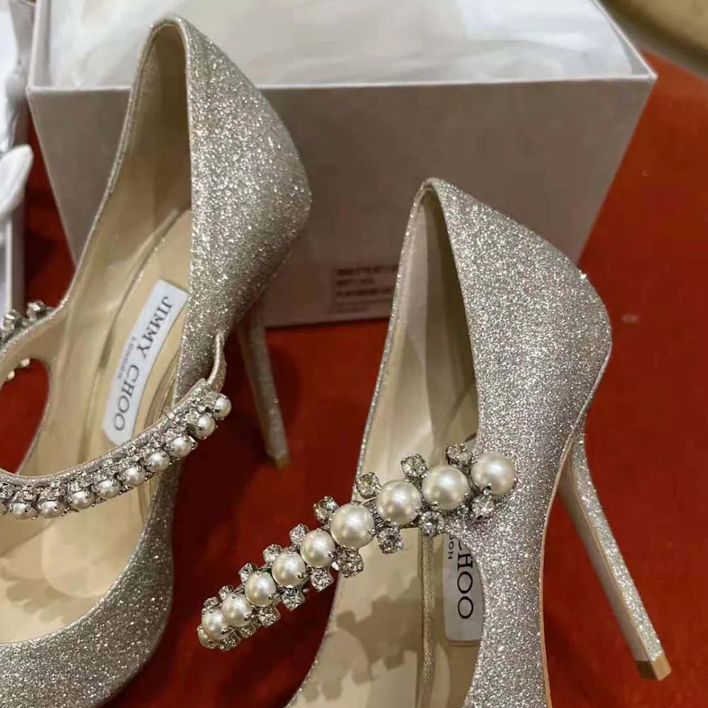 Jimmy Choo Baily 100 Platinum Ice Dusty Glitter Pumps with Crystal and Pearl Strap for Women Jimmy Choo Baily 100 Platinum Ice Dusty Glitter Pumps with Crystal and Pearl Strap for Women