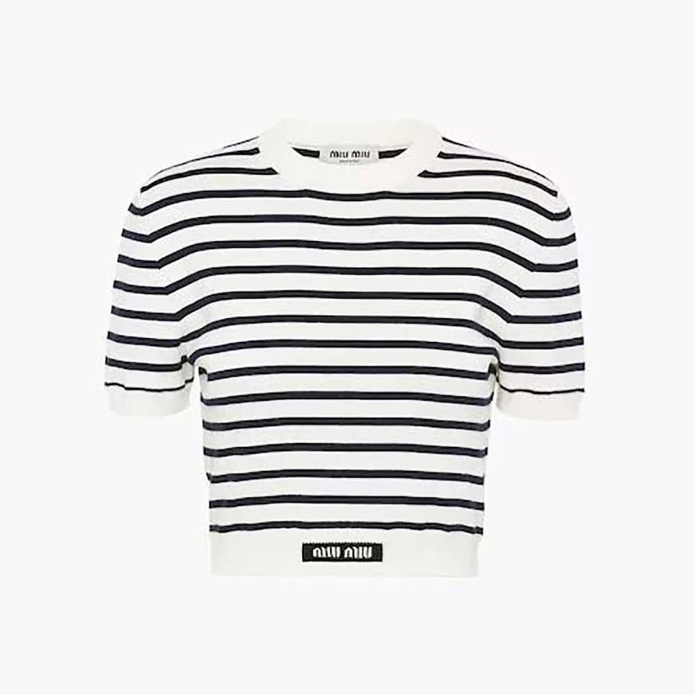 Miu Miu Cotton Crew-Neck Sweater with Intarsia Logo for Women in Black Miu Miu Cotton Crew-Neck Sweater with Intarsia Logo for Women in Black