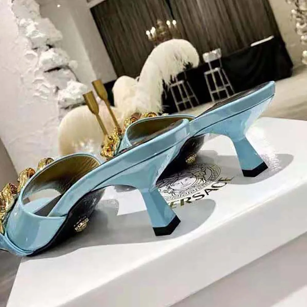 Versace Medusa Chain Mid-heel Naplak Mules for Women in Blue