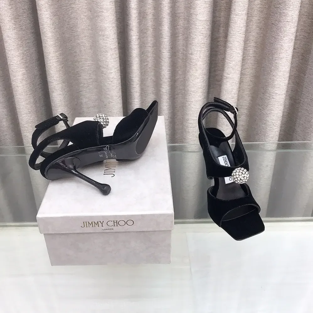 Jimmy Choo Orb 95 Black Velvet Sandals for Women