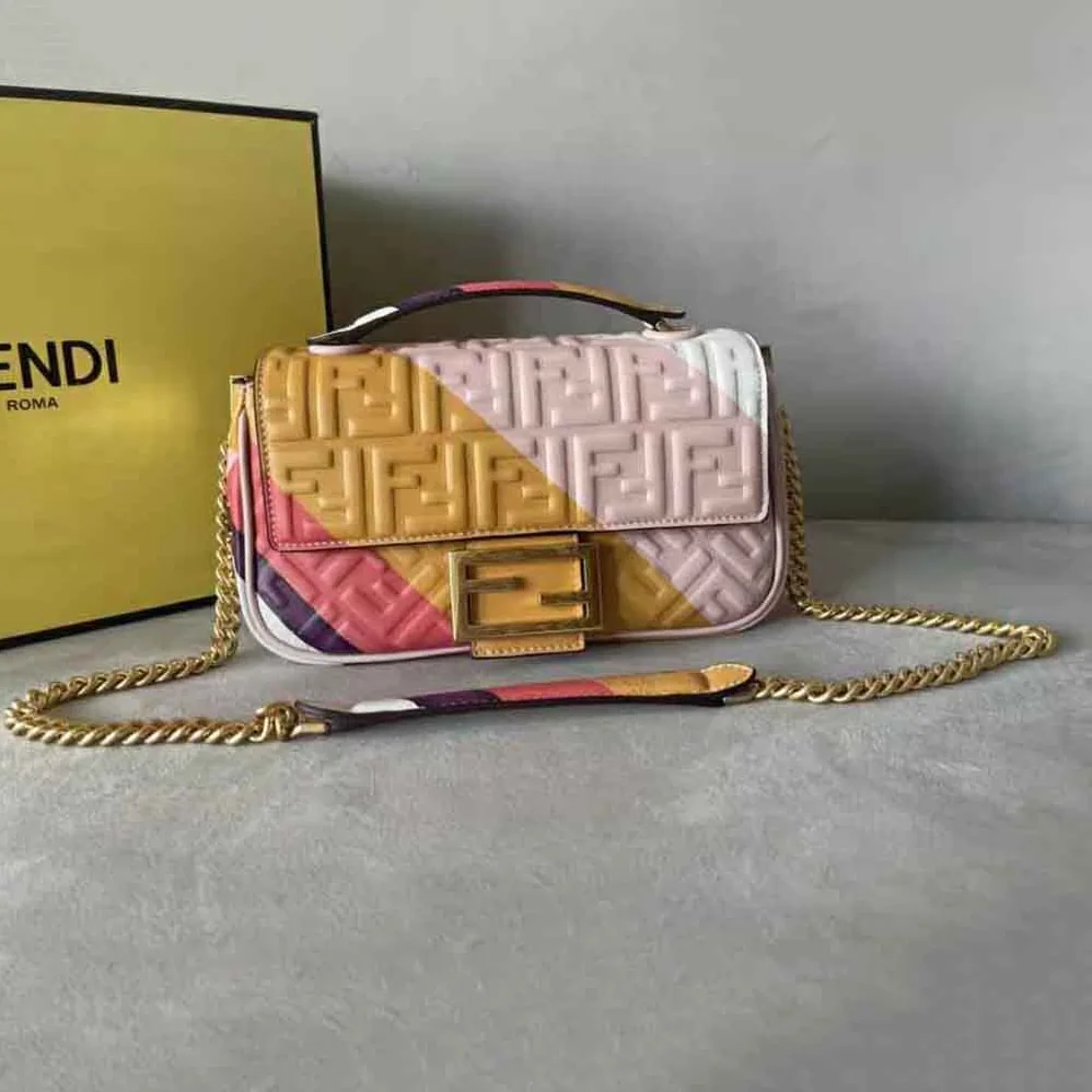 Fendi Baguette Chain Midi Leather Bag with Multicolour Print for Women Fendi Baguette Chain Midi Leather Bag with Multicolour Print for Women