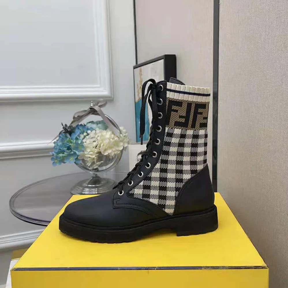 Fendi Rockoko Black Leather Biker Boots with Stretch Fabric for Women