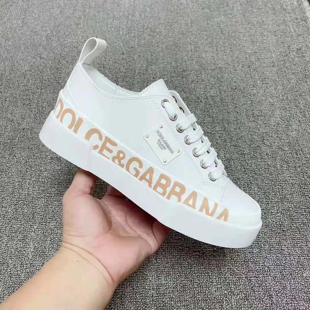 Dolce Gabbana D&G Calfskin Portofino Light Sneakers with Logo-Detailed Plate and Logo Print for Women in White Dolce Gabbana D&G Calfskin Portofino Light Sneakers with Logo-Detailed Plate and Logo Print for Women in White