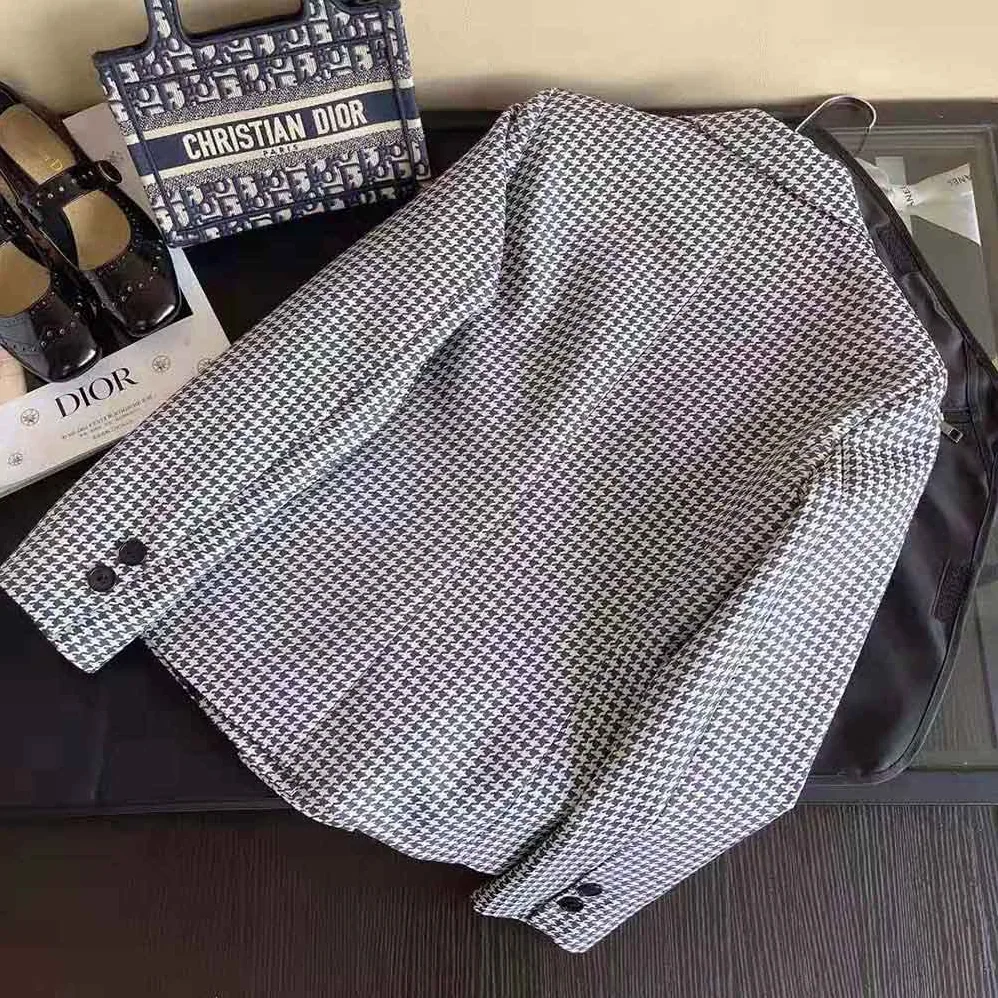 Dior Fitted Jacket Black and White Wool Twill and Silk with Micro Houndstooth Motif for Women