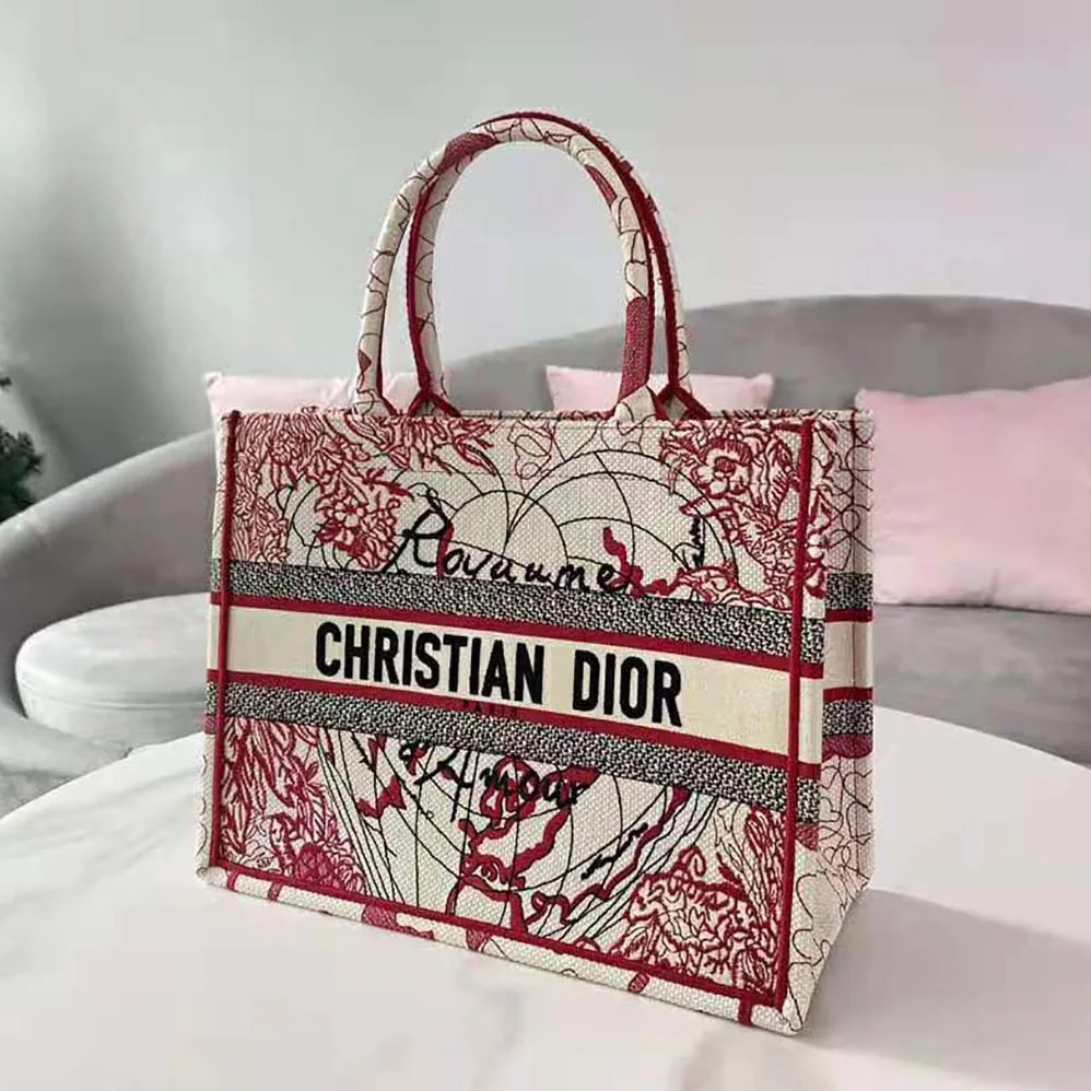 Dior Small Dior Book Tote Red and White D for Women in Royaume D Amour Embroidery