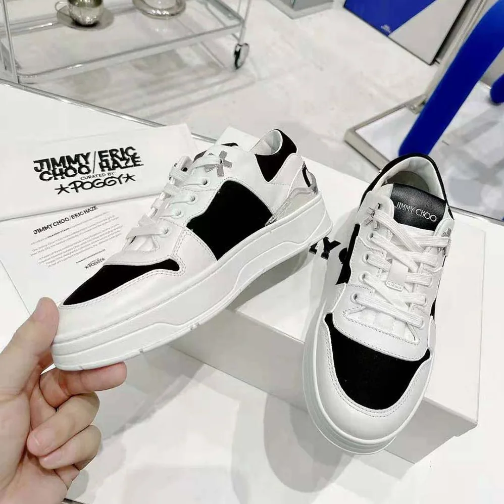 Jimmy Choo JC / Eric Haze Florent/M White Calf Leather and Black Canvas Trainers for Unisex