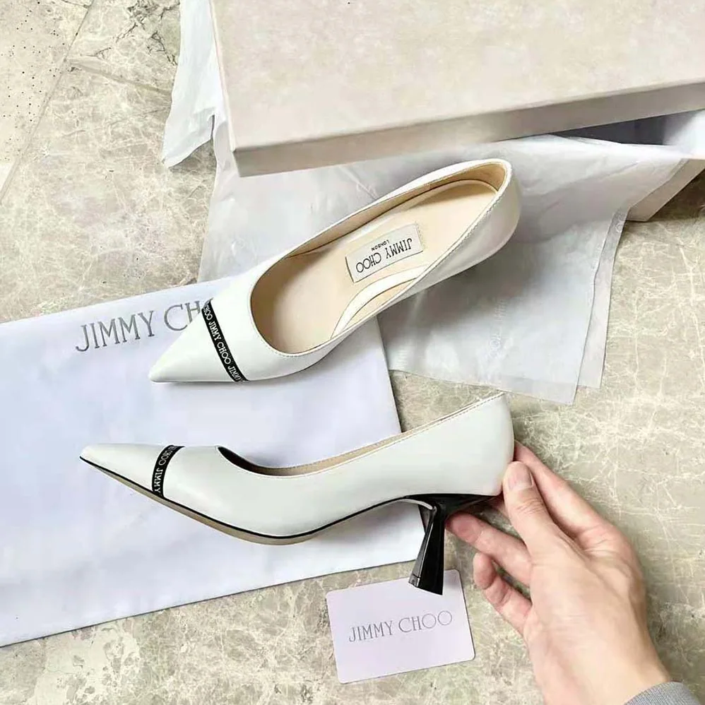 Jimmy Choo RENE 65 Latte Nappa Leather Pointed Pumps with Logo for Women in Woven Ribbon