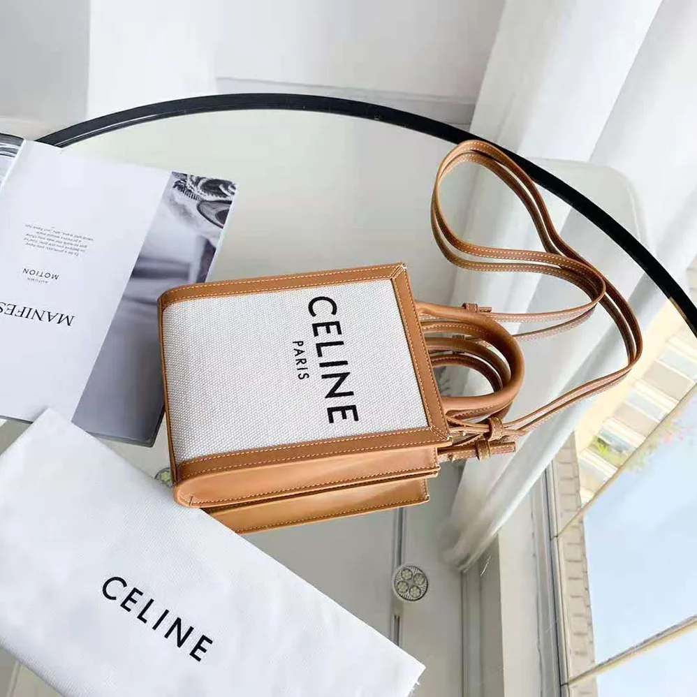 Celine Mini Vertical Cabas Celine in Textile with Celine Print and Calfskin for Women in White Celine Mini Vertical Cabas Celine in Textile with Celine Print and Calfskin for Women in White
