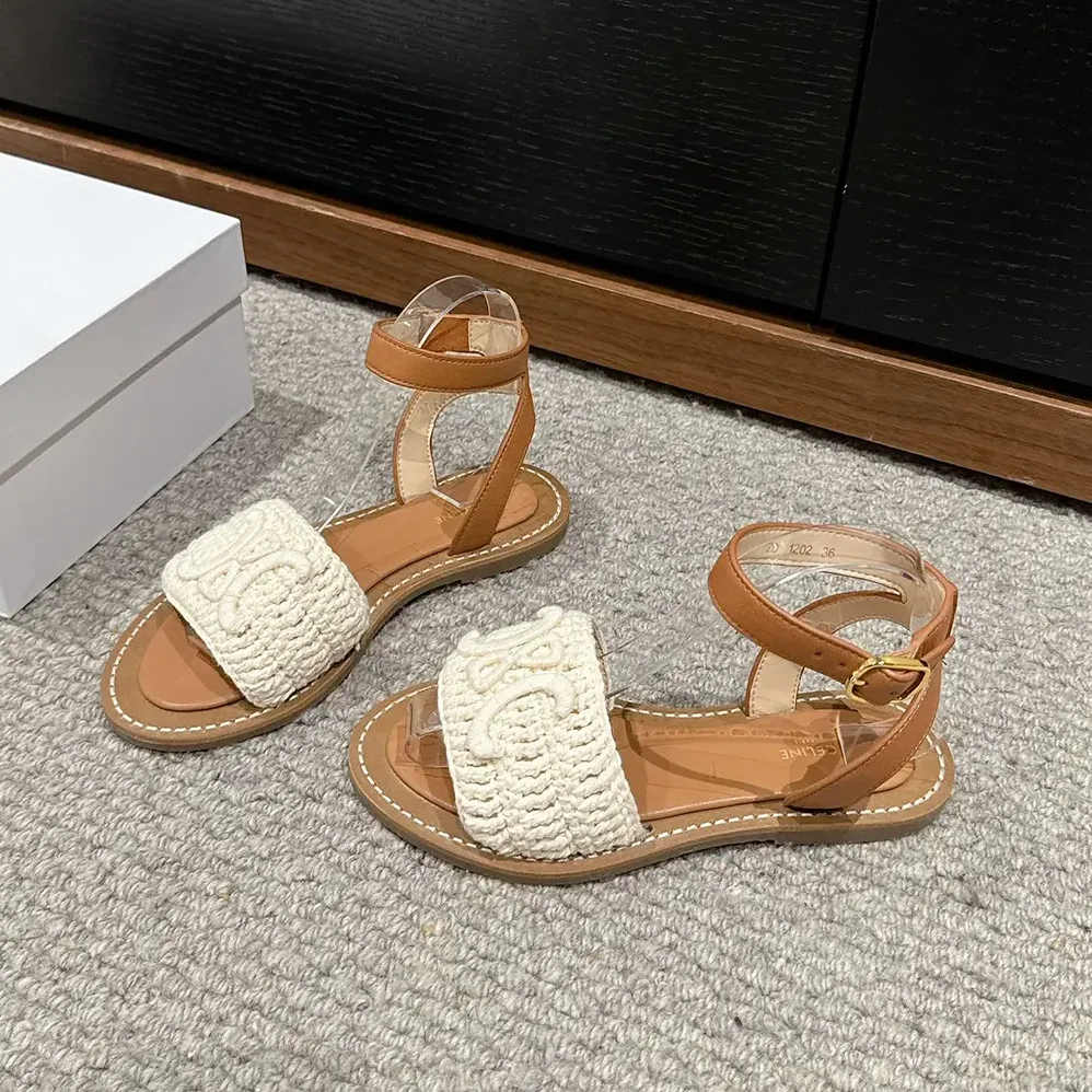 Celine Lympia Sandal in Triomphe Maccramé Cotton & Calfskin for Women in White Celine Lympia Sandal in Triomphe Maccramé Cotton & Calfskin for Women in White