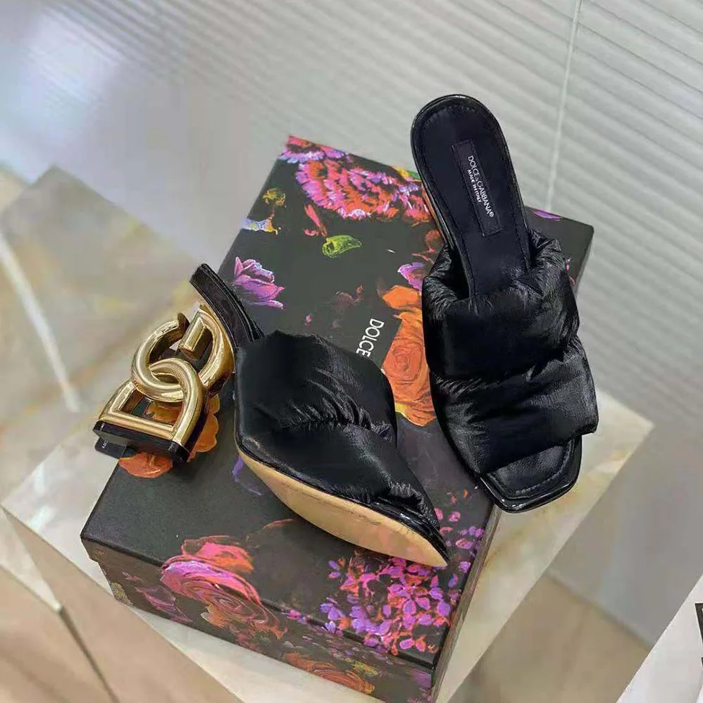 Dolce Gabbana D&G Down-Padded Mules with DG Pop Heel for Women in Black