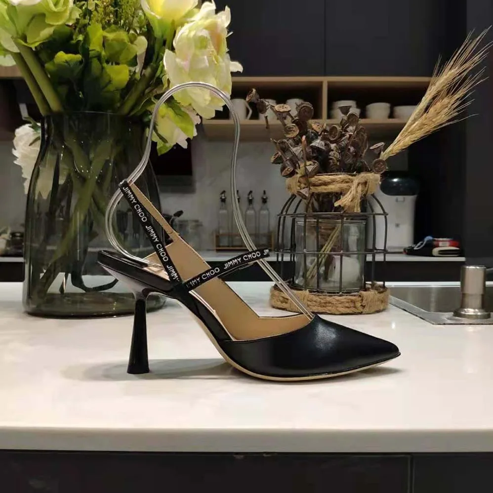 Jimmy Choo Ray 65 Black Nappa Leather Pointed Pumps with Logo for Women in Woven Ribbon