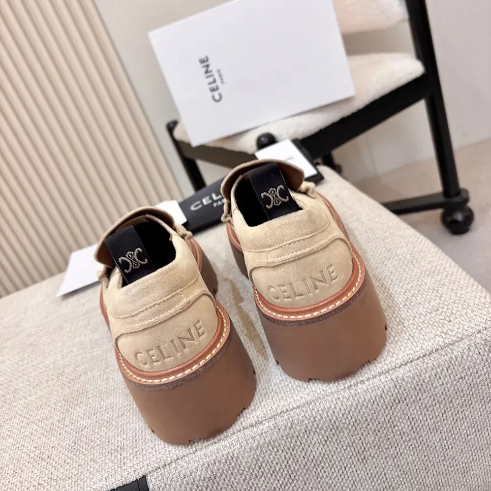 Celine Triomphe Loafers in Suede Calfskin for Women in Beige Celine Triomphe Loafers in Suede Calfskin for Women in Beige