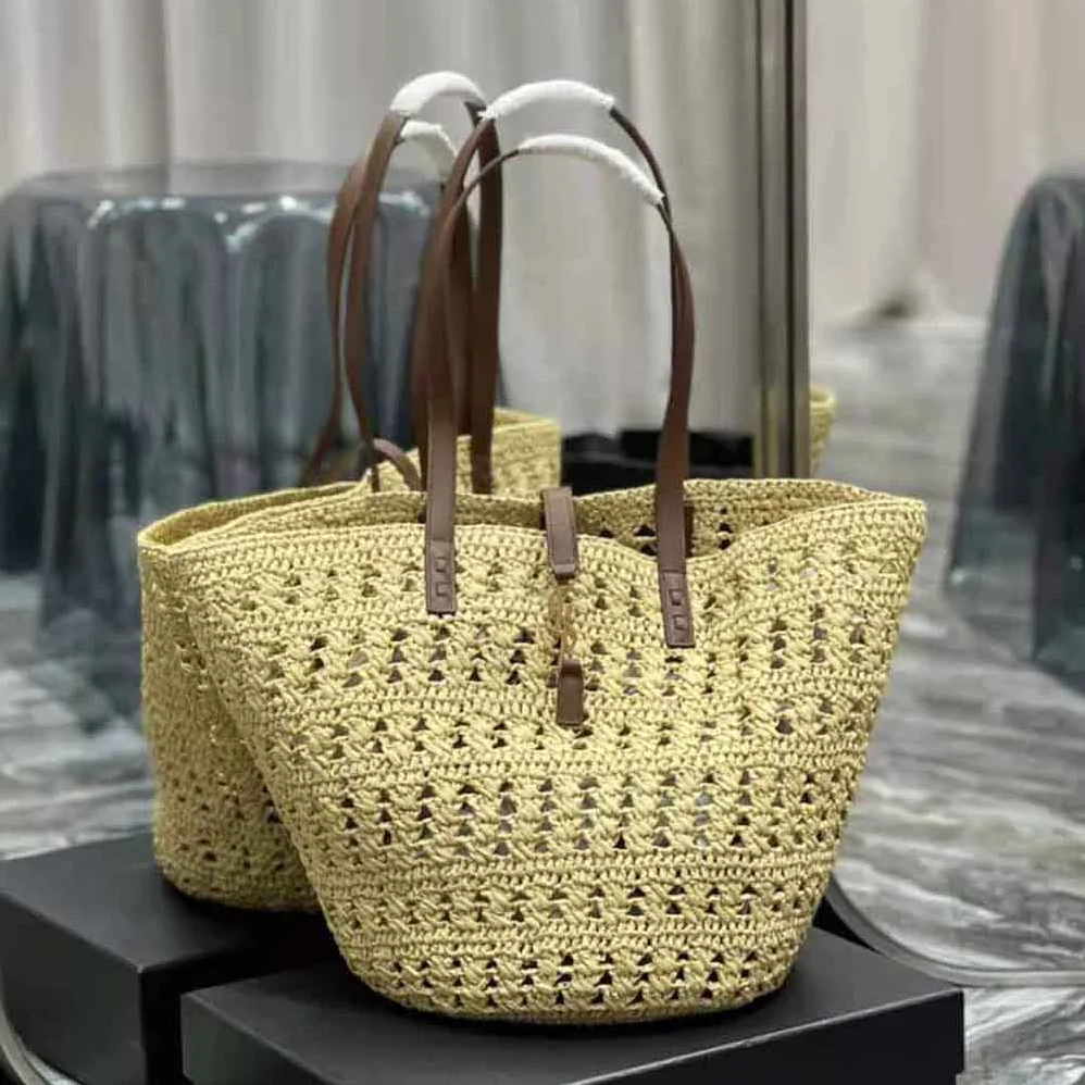 Saint Laurent YSL Panier Medium Bag in Crochet Raffia and Smooth Leather for Women