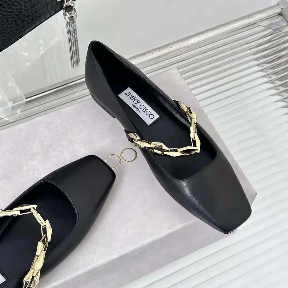 Jimmy Choo Diamond Tilda Flat Black Nappa Leather Flats with Chain for Women in Black Jimmy Choo Diamond Tilda Flat Black Nappa Leather Flats with Chain for Women in Black