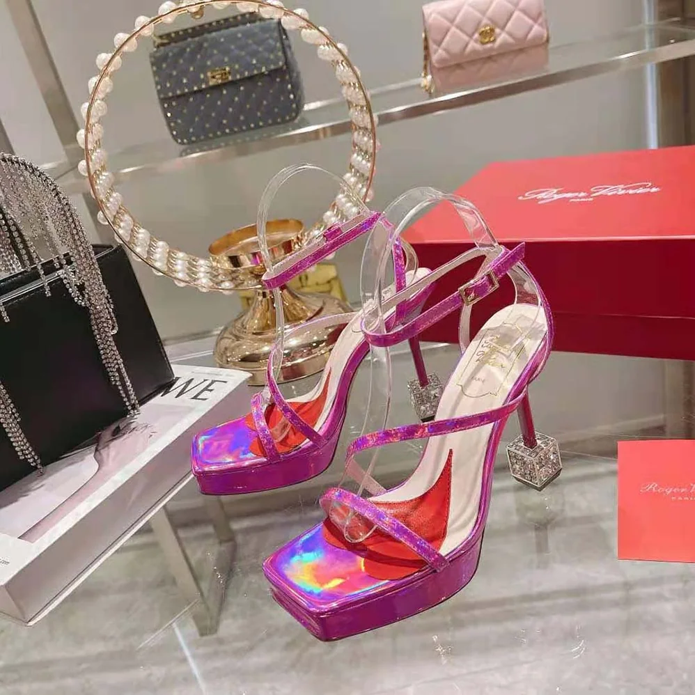 Roger Vivier Cube Strass Heel Sandals in Leather for Women in Purple Roger Vivier Cube Strass Heel Sandals in Leather for Women in Purple