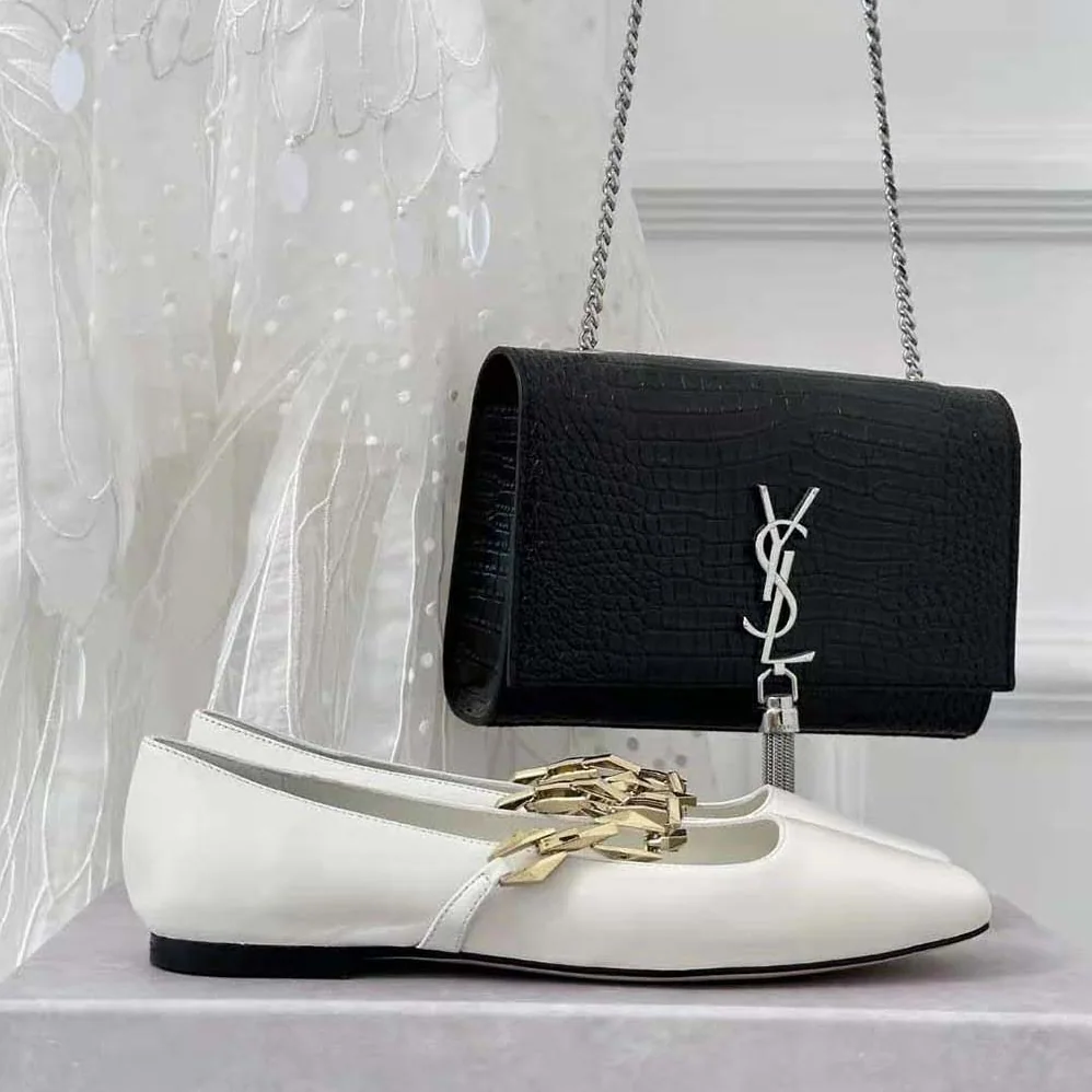 Jimmy Choo Diamond Tilda Flat Black Nappa Leather Flats with Chain for Women in White