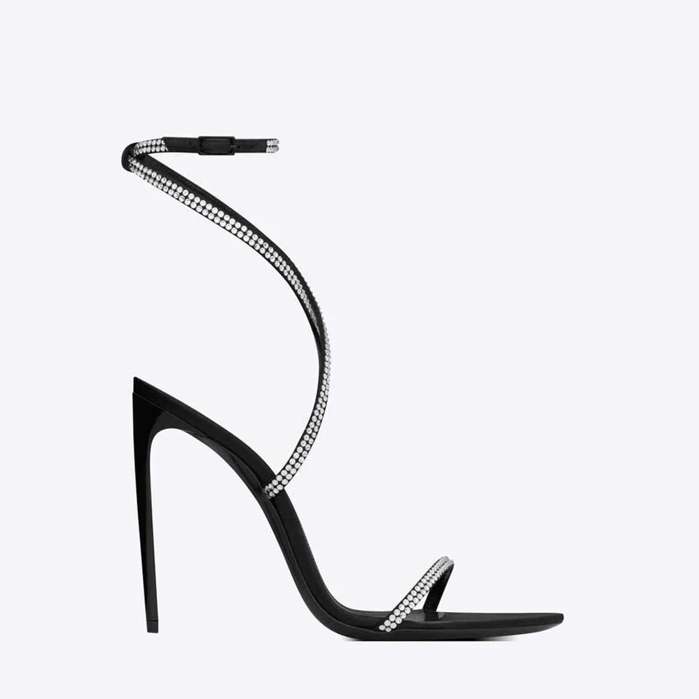 Saint Laurent YSL Georgia Sandals in Crepe Satin with Rhinestones for Women