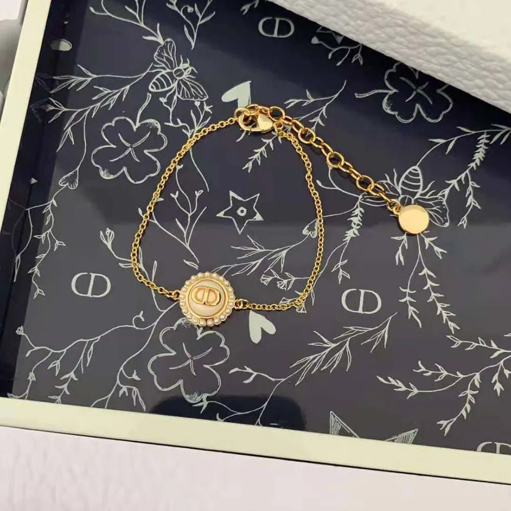 Dior Petit CD Bracelet Gold-Finish Metal with White Resin Pearls and Latte Glass for Women
