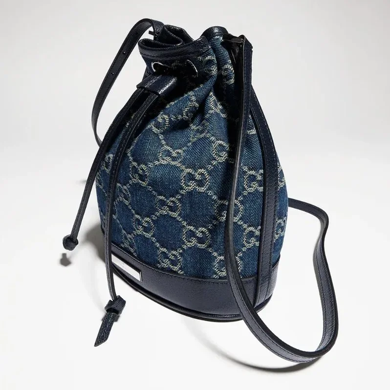 Gucci Bucket With Gucci Plaque Mini Shoulder Bag / Dark Blue Denim Palladium Hardware Gucci Bucket With Gucci Plaque Mini Shoulder Bag / Dark Blue Denim Palladium Hardware