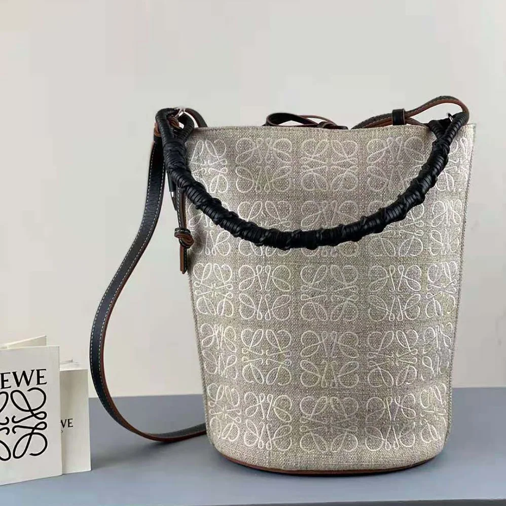 Loewe Gate Bucket Handle Bag in Anagram Linen and Calfskin for Women Loewe Gate Bucket Handle Bag in Anagram Linen and Calfskin for Women
