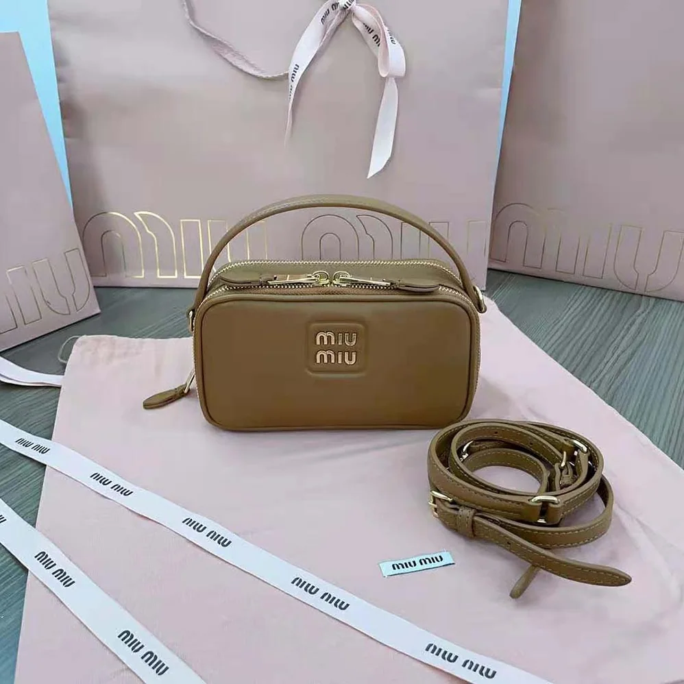 Miu Miu Arcadie Leather Bag with Metal Lettering Logo for Women in Brown Miu Miu Arcadie Leather Bag with Metal Lettering Logo for Women in Brown