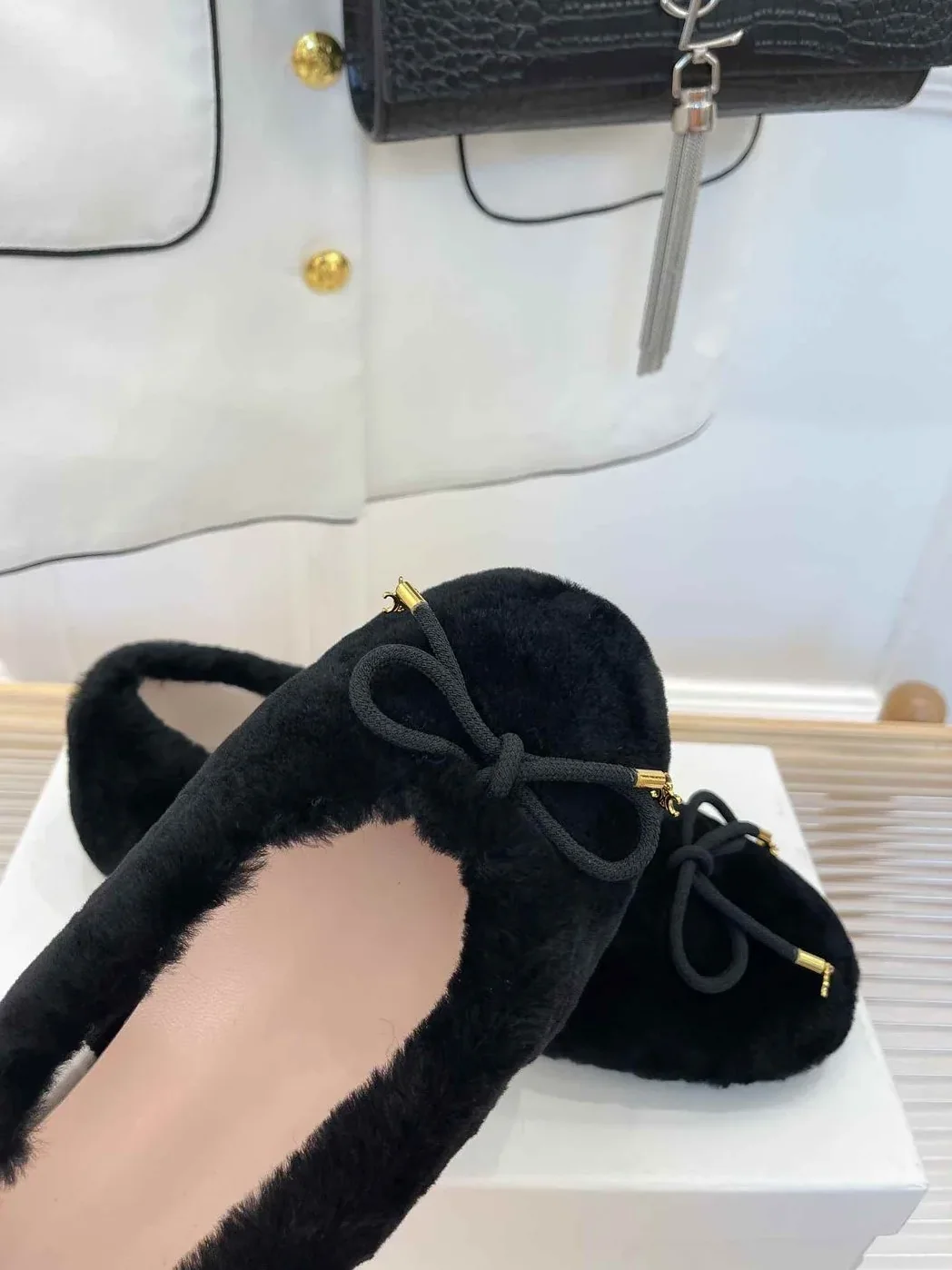 Celine Les Ballerines Celine Ballerina With Triomphe Laces And Fur Black Celine Les Ballerines Celine Ballerina With Triomphe Laces And Fur Black