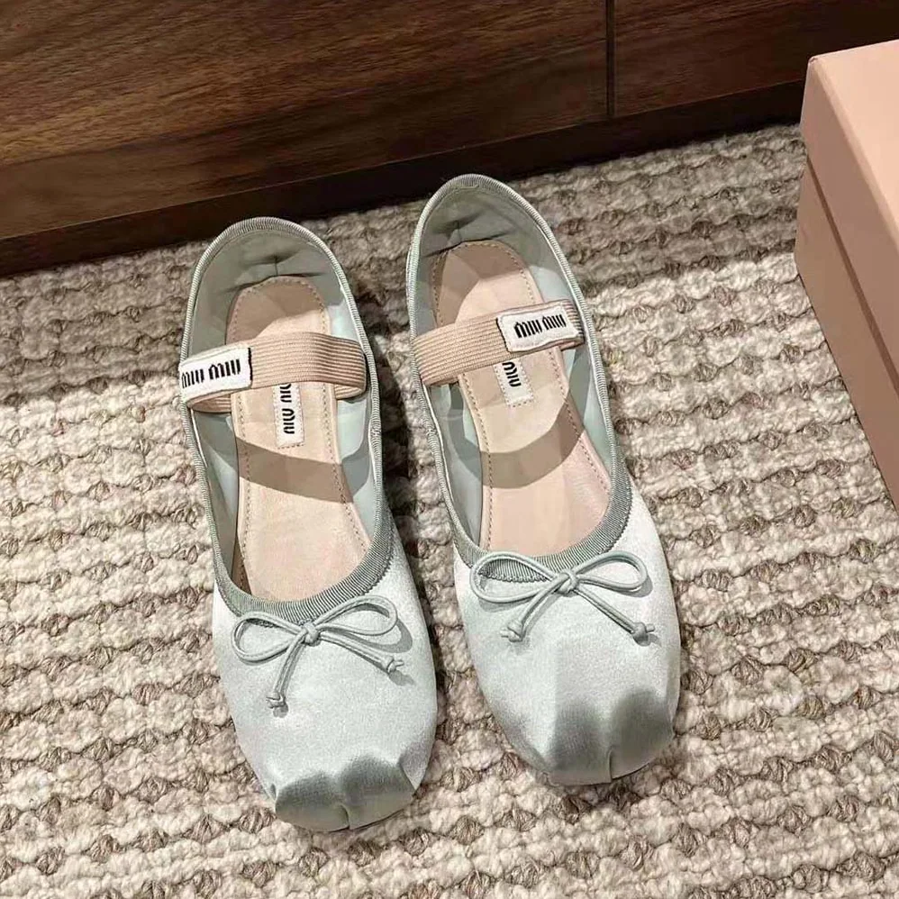 Miu Miu Satin Ballerinas with Knit Logo Label for Women in Blue Miu Miu Satin Ballerinas with Knit Logo Label for Women in Blue