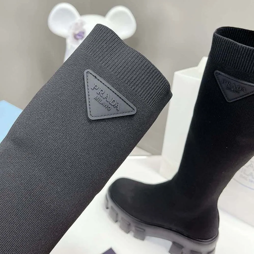 Prada Monolith Knit Boots with Embossed Rubber Triangle Logo for Women Prada Monolith Knit Boots with Embossed Rubber Triangle Logo for Women
