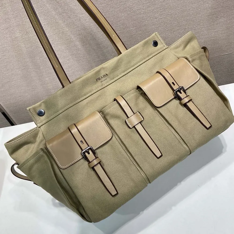 Prada Route Canvas and Leather Tote Bag for Women