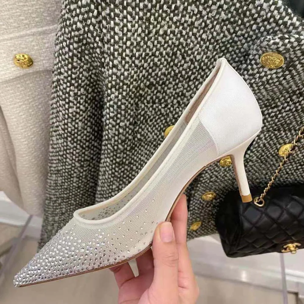 Jimmy Choo Love 85 White Mesh Pointed-Toe Pumps with Degrade Crystals for Women