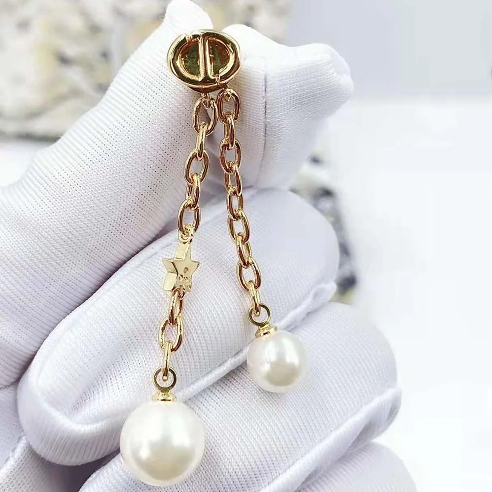 Dior CD Navy Earrings Gold-Finish Metal and White Resin Pearls for Women