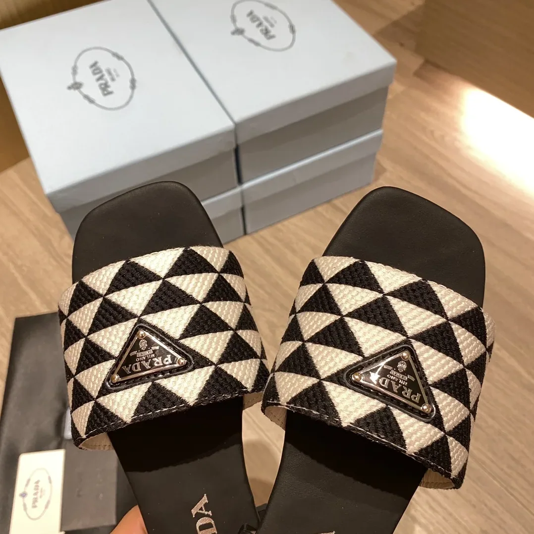 Prada Embroidered Fabric Slides Black in White / PRD