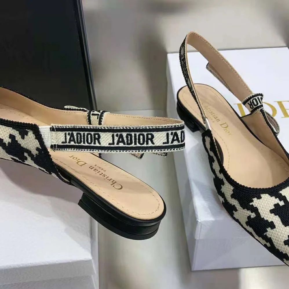 Dior J'Adior Slingback Ballerina Flat Black and White Cotton Embroidery for Women