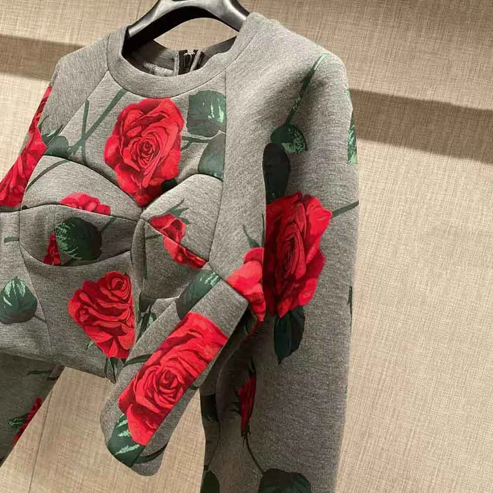 Dolce Gabbana D&G Technical Jersey Sweatshirt with Flocked Rose Print and Bustier Details for Women