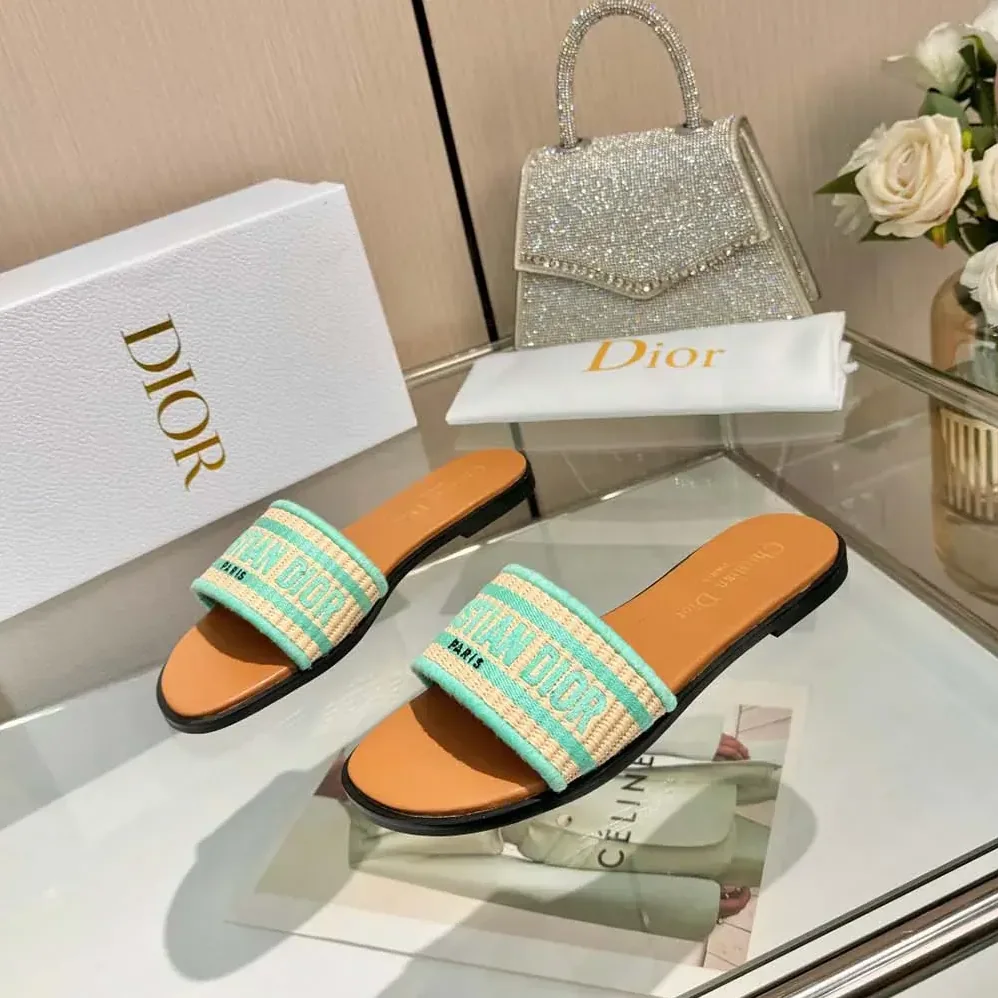 Dior Dioriviera Dway Slide Natural Raffia and Aquamarina Embroidered Cotton for Women