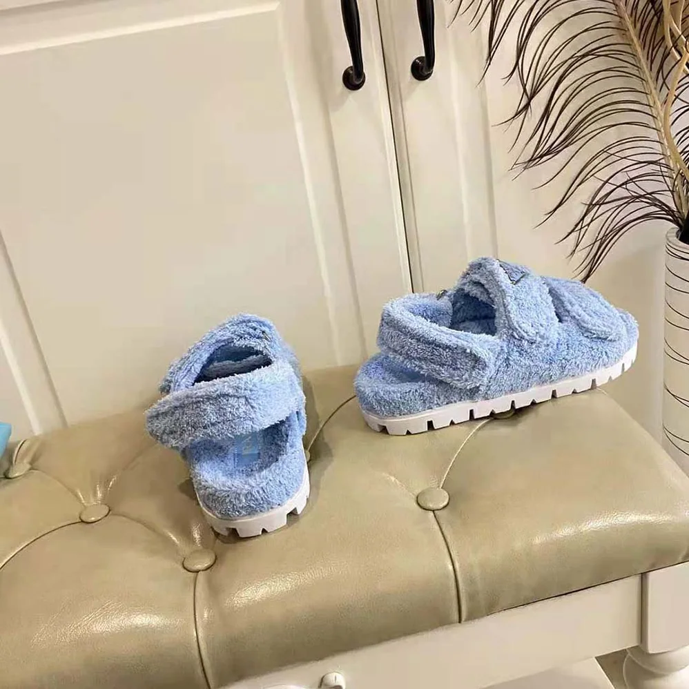 Prada Terrycloth Sandals with Enameled Metal Triangle Logo for Women in Blue