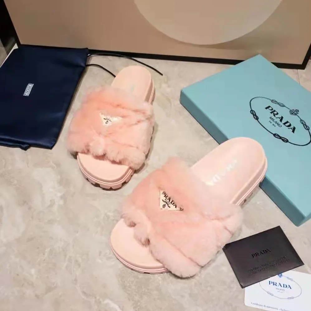 Prada Shearling Slides in 20mm Heel for Women in Pink Prada Shearling Slides in 20mm Heel for Women in Pink