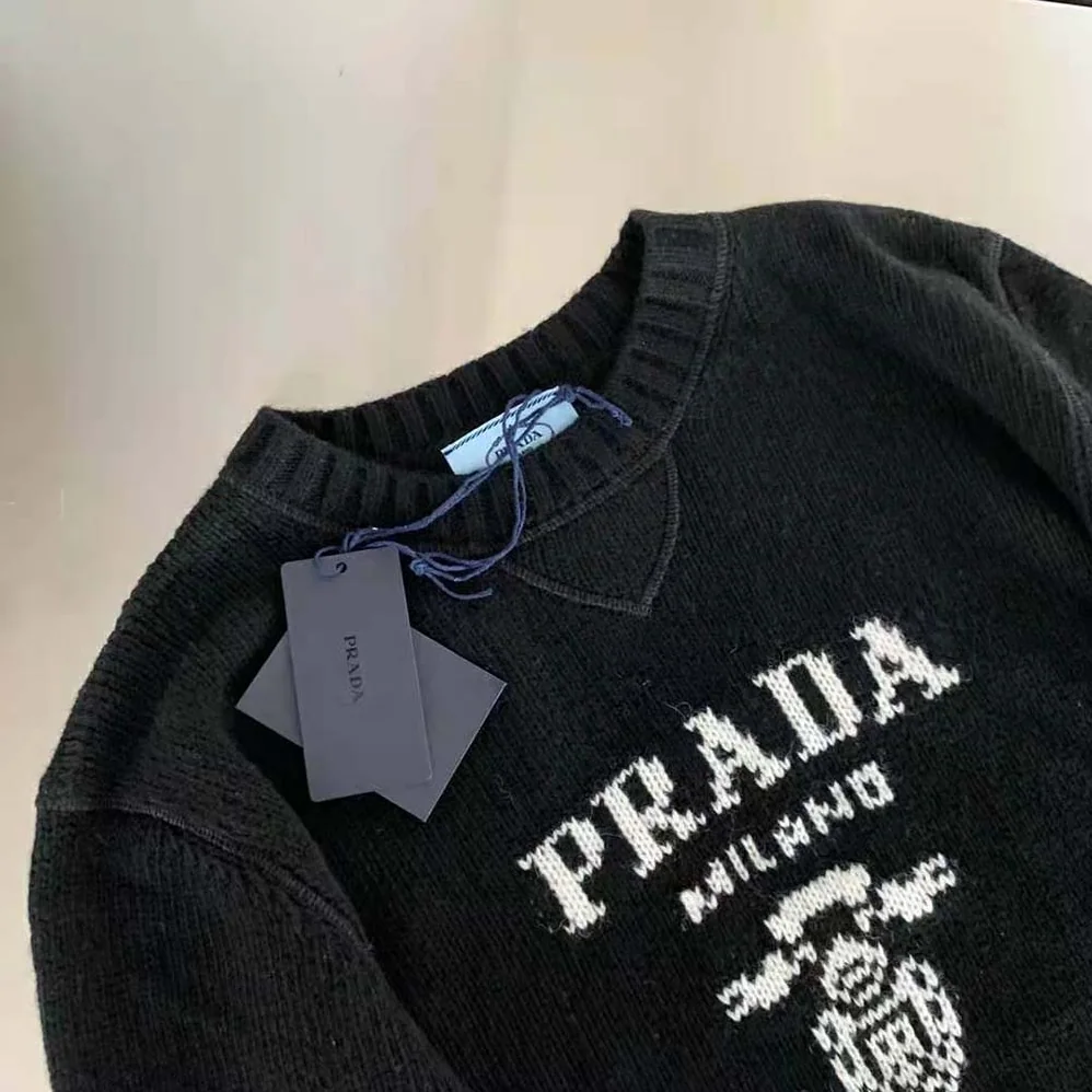 Prada Cashmere and Wool Prada Logo Crew-Neck Sweater for Women in Black Prada Cashmere and Wool Prada Logo Crew-Neck Sweater for Women in Black