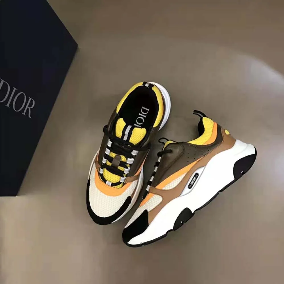 Dior B22 Sneaker Yellow and White Technical Mesh with Ebony and Camel Smooth Calfskin for Men