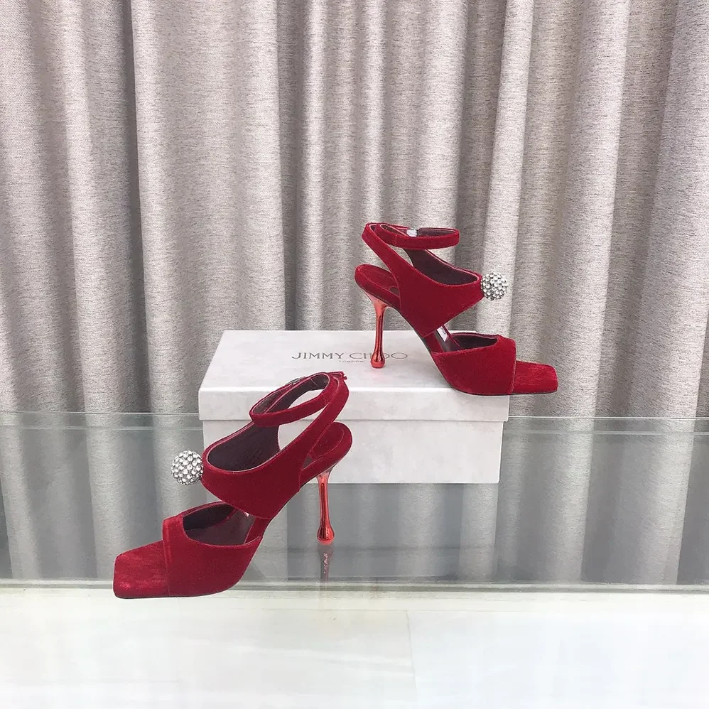 Jimmy Choo Orb 95 Ruby Red Velvet Sandals for Women