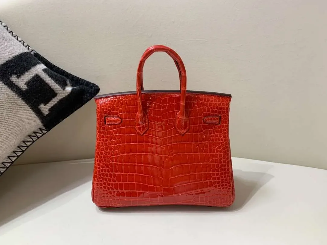 Hermes Braise Crocodile Birkin Top Handle Bag in Red Gold Hardware