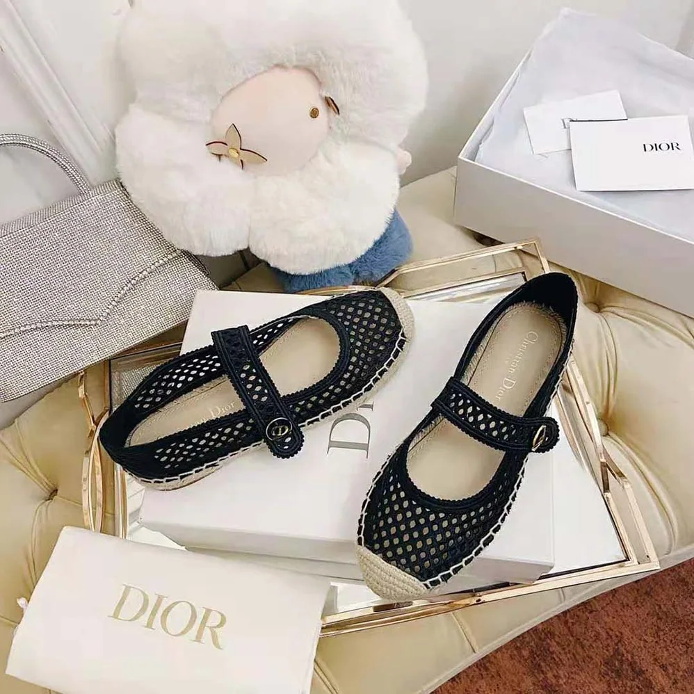 Dior Dior Caro Espadrille Ballerina Flat Black Mesh Embroidery for Women Dior Dior Caro Espadrille Ballerina Flat Black Mesh Embroidery for Women
