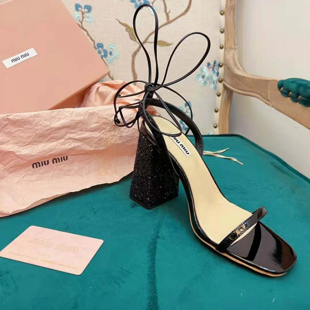 Miu Miu Patent Leather and Glitter Sandals in 100mm Heel Height for Women in Black Miu Miu Patent Leather and Glitter Sandals in 100mm Heel Height for Women in Black