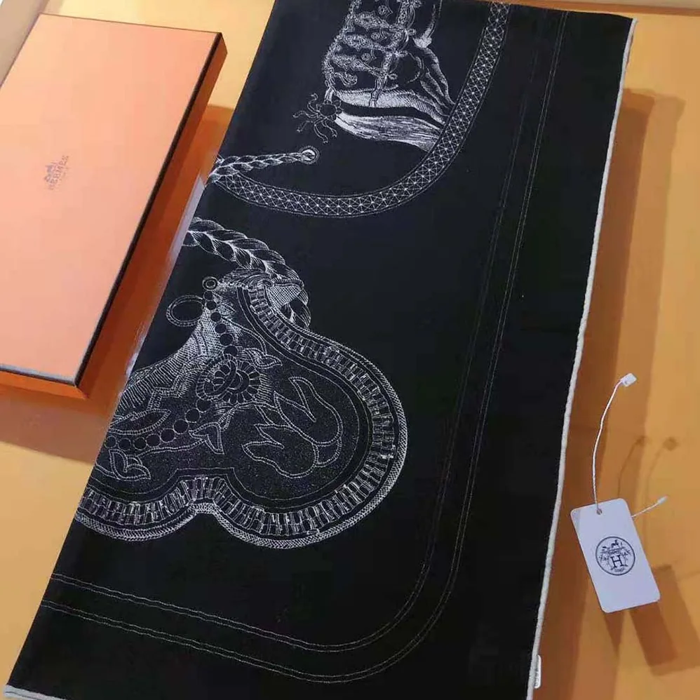 Hermes Embroidered Grand Apparat Scarf 90 for Women in Black Hermes Embroidered Grand Apparat Scarf 90 for Women in Black