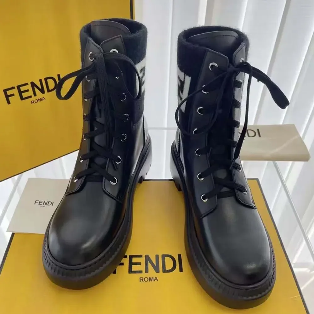 Fendi Rockoko Black Leather Biker Boots with FF Jacquard Motif for Women Fendi Rockoko Black Leather Biker Boots with FF Jacquard Motif for Women