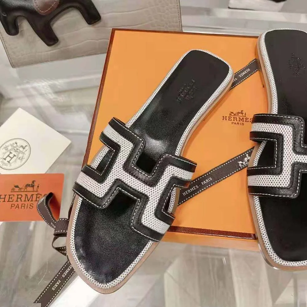 Hermes Oran Sandal in Calfskin and H Canvas with Iconic H Cut-Out for Women in Black