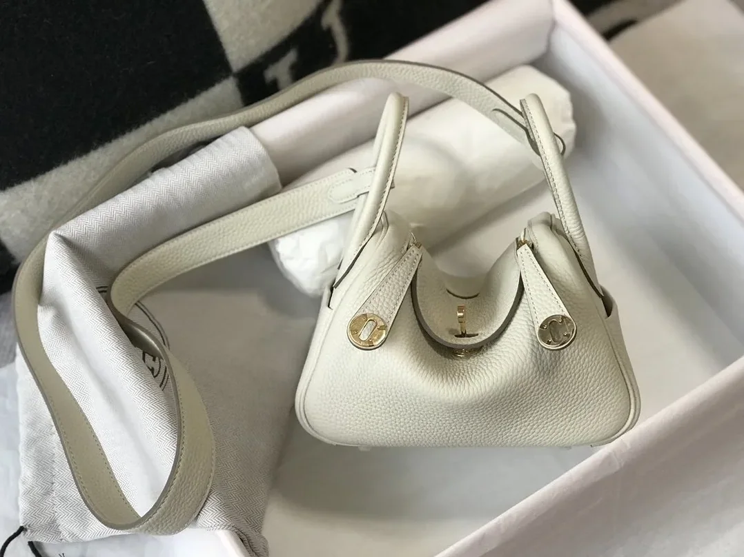 Hermes Lindy Mini White Togo Bag With Gold Hardware